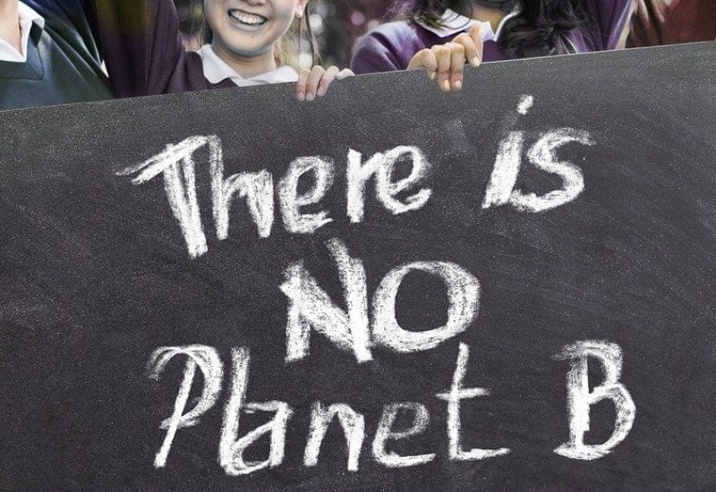 Fridays For The Future protester holds a black and white sign stating "There Is No Planet B".