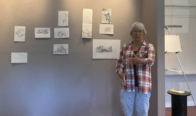 Woman lectures with several drawings pinned to the wall behind her.